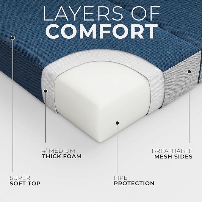 Cozzzi Foldable Mattress Queen Size for Floor and Traveling with Removable Cover - Lightweight and Portable Folding Mattress for Adults & Kids - Compact and Easy to Storage - Navy (75in x 58in x 4in)
