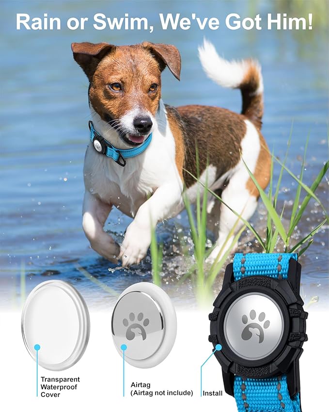TagME Airtag Dog Collar,Waterproof Reflective Pet Collar with Airtag Holder,Soft Padded and Double D-Rings for Medium Dogs,Light Blue-Mewly Pet