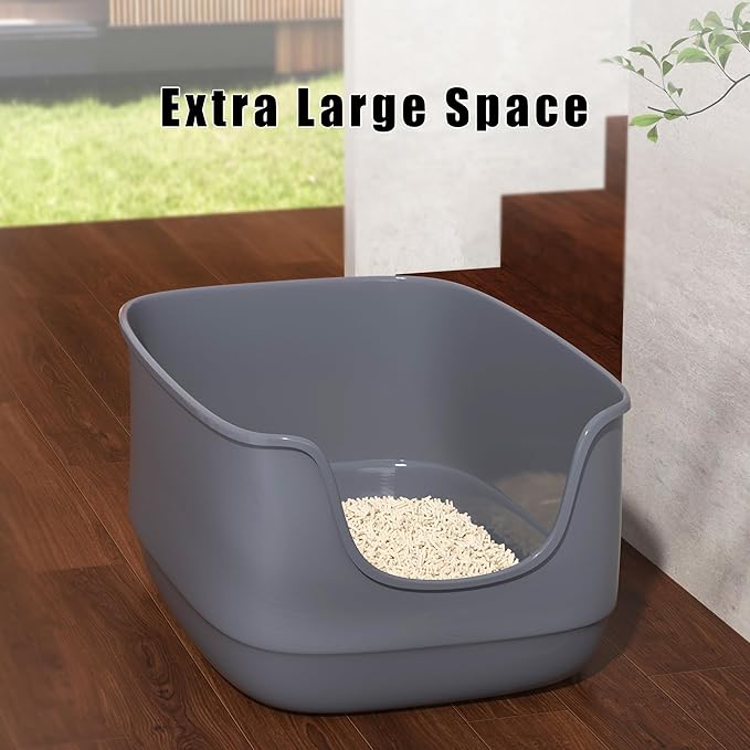 Gefryco Large Cat Litter Box with High Sided 24.6"x18.3"x12.2" - Jumbo Extra Large Open Anti - Splashing High Wall for Multiple Cats (Grey)-Mewly Pet