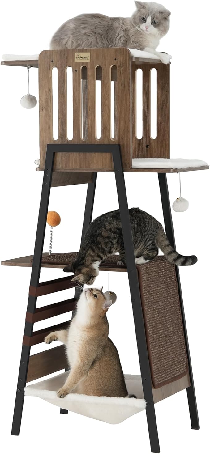FourFurPets Modern Cat Tree, 58-Inch Cat Tower for Large Cats, Maine Coon Cat Tree with Scratching Board, Large Perch, Hammock and Removable Pads, Greige-Mewly Pet