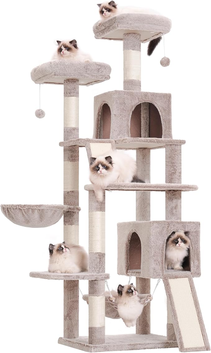 Cat Tree for Indoor Cats, 71'' (180cm) Multi-Level Cat Tower for Large Adult, Sturdy Cat Tree House with 2 Scratching Boards 7 Posts, 2 Plush Perches/Condos, Hammock, Muchroom GCT032MU-Mewly Pet