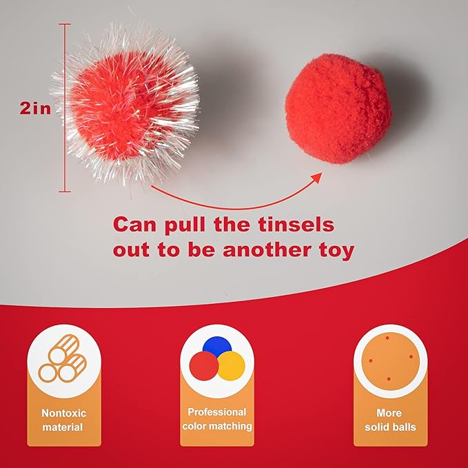 VAPKER 30 Pcs Cat Ball Toys Sparkle Balls Extra Large 2 Inch Cat's Favorite Chase Glitter Ball Glitter Tinsel Pom Poms Balls Red Color-Mewly Pet