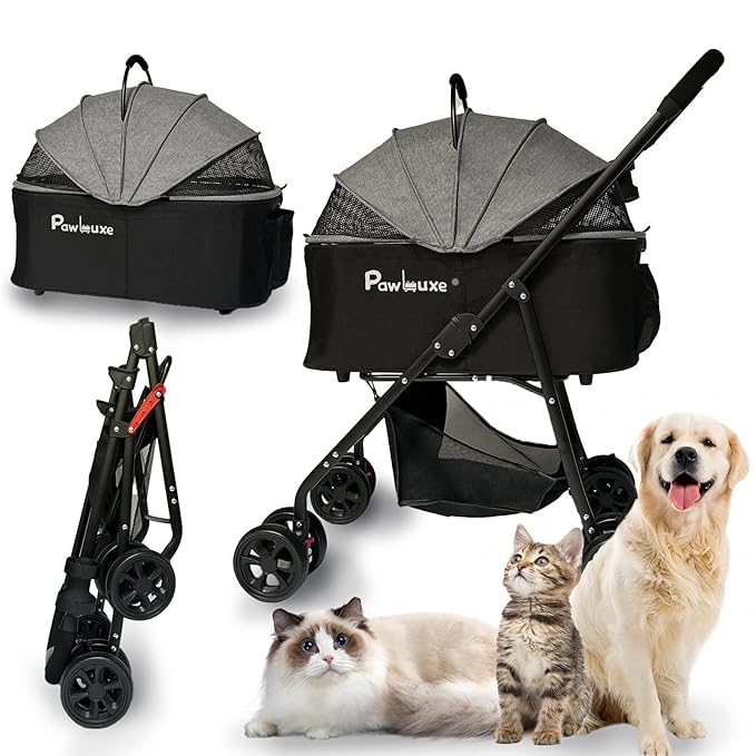 4 Wheels Pet Stroller 4 in 1 Pet Stroller with Detachable Carrier for Small & Medium Dogs Cats up to 55 lbs Easy-Folding Travel Dog Wagon with Car Seat Breathable Mesh,Gray-Mewly Pet
