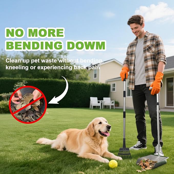 Heavy Duty Metal Pooper Scooper, Dog Pooper Scooper for Large Medium Dogs Long Handle Stainless Tray and Rake Set，Extremely Durable Metal Stainless Steel Dustpan for Indoor Outdoor Cleaning 。-Mewly Pet