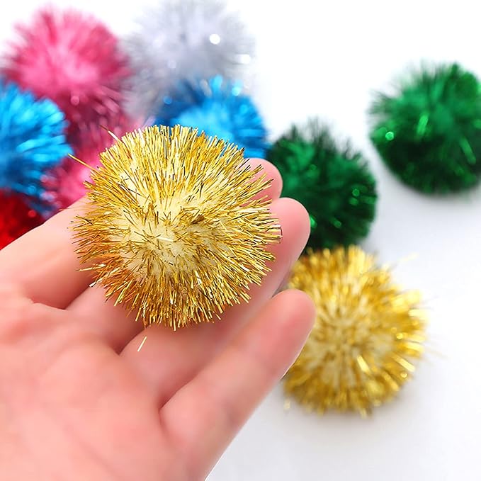 20 Pack 2 Inches Sparkle Balls for Cats, Large Size, Glitter Pom Poms Fuzzy Balls for Cats, Kitten Indoor Assorted Color Random-Mewly Pet