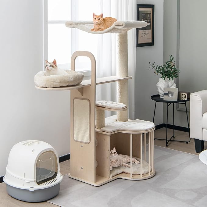 Tangkula Wood Cat Tree for Indoor Cats, 55 Inch Multi-Level Cat Tower Activity Center with Hammock, Cat Condo, Sisal Scratching Posts & Washable Cushions, Modern Cat Tree Houses for Large Cats-Mewly Pet