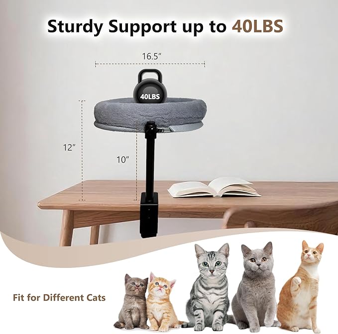 Cat Desk Bed with Summer Colling Mat, 360° Rotating & Height Adjustable Indoor Cat Nest, Large Desktop Cats Perch for Home Offcice Space Saving, Supports Up to 40 lbs, Machine Washable Removable Cover-Mewly Pet