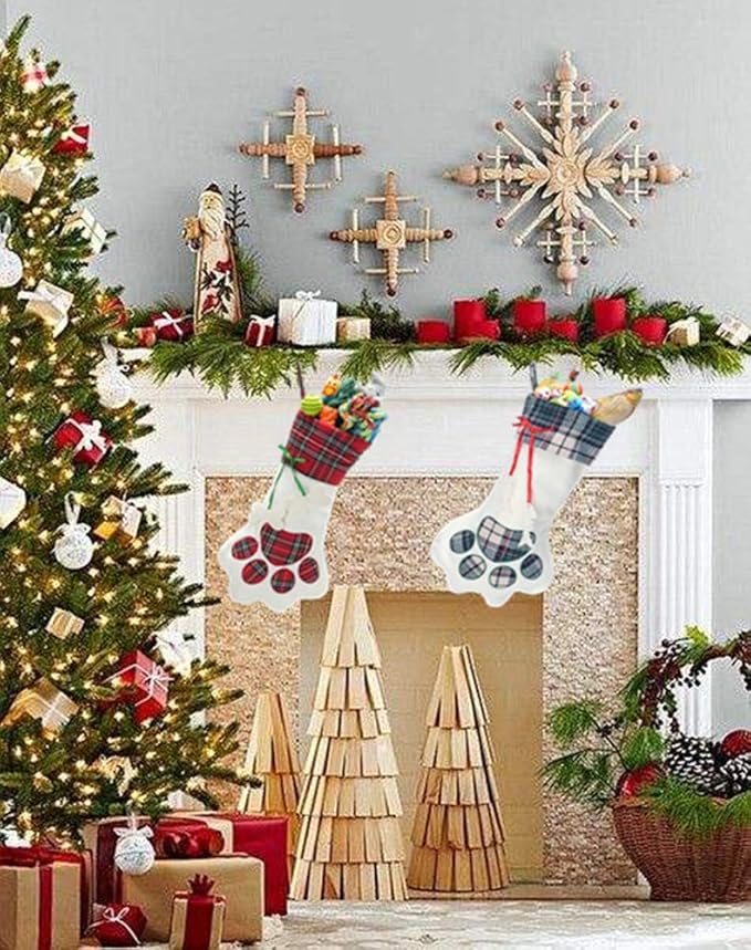 QBSM Cat Christmas Plaid Pet Paw Stockings with 26 Pcs Cat Toys for Cats and Kitten-Mewly Pet