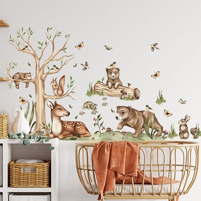 Jungle Animal Wall Stickers Forest Safari Wall Decals Kid Room Nursery Baby Bedroom Décor (Bear Spotted Deer Tree)