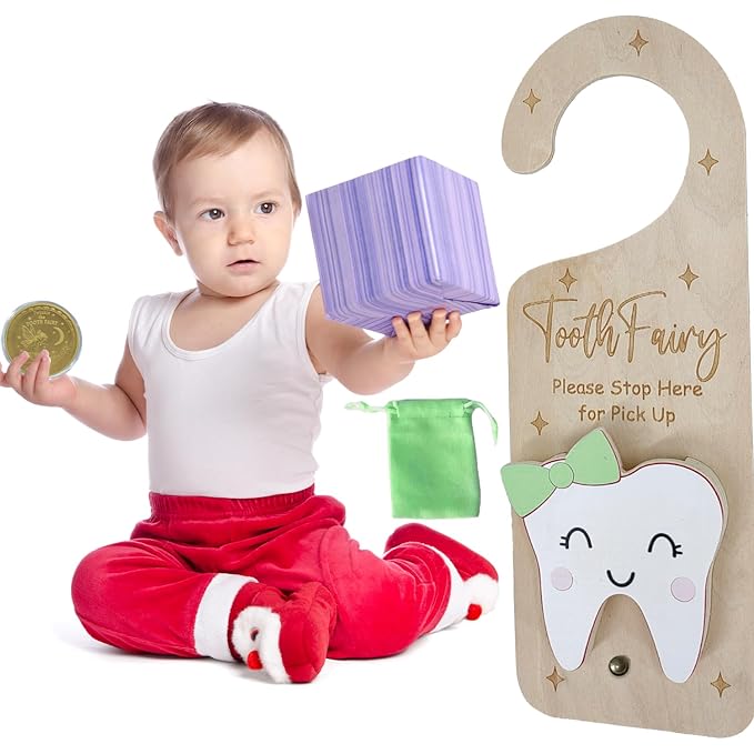 Tooth Fairy Door Hanger, Wooden Tooth Fairy Money Holder with Tooth Coins for Lost Tooth Kids Gifts (Green)