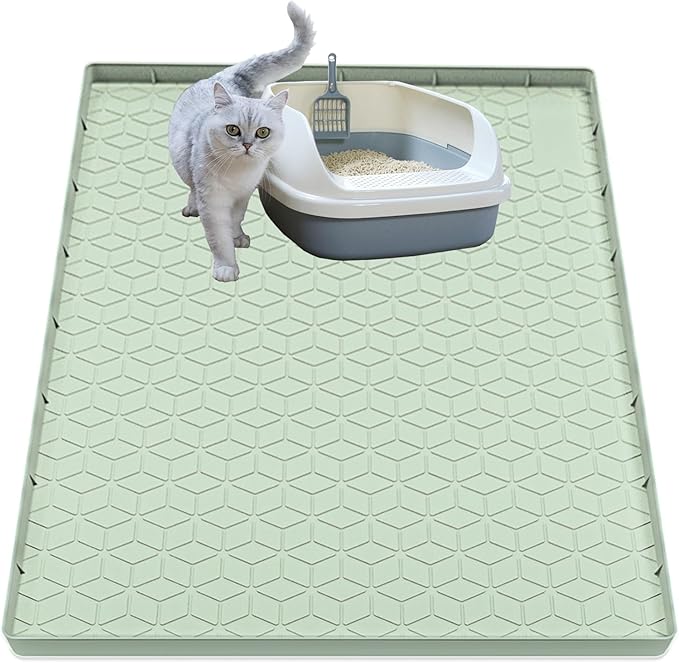 Cat Litter Mat, Silicone Large Cat Mat for Litter Box - 34x22 in, Waterproof & Non-Slip, Durable & Easy Clean, Green-Mewly Pet