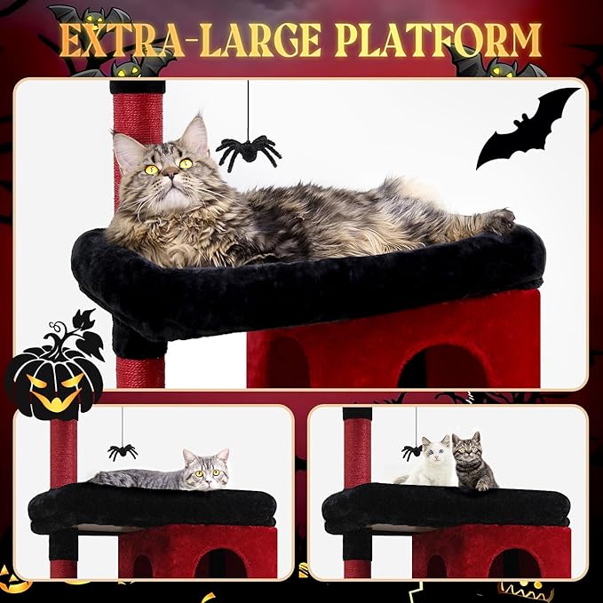 Globlazer Heavy Duty Gothic Cat Tree, 72in Large Cat Tower with Coffin Bed, Sturdy Maine Coon Cat Tree for Large Cats 20 lbs+, Medieval Castle Style with 6 Scratching Posts & Hammock, S72, Black & Red-Mewly Pet