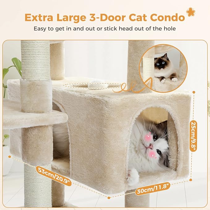 PAWZ Road Large Cat Tree, 72 Inches Cat Tower for Large Cats, Cat Condo with Sisal-Covered Scratching Posts and Pads, 2 Padded Perch, Dual Condo and Basket for Indoor Cats-Beige-Mewly Pet