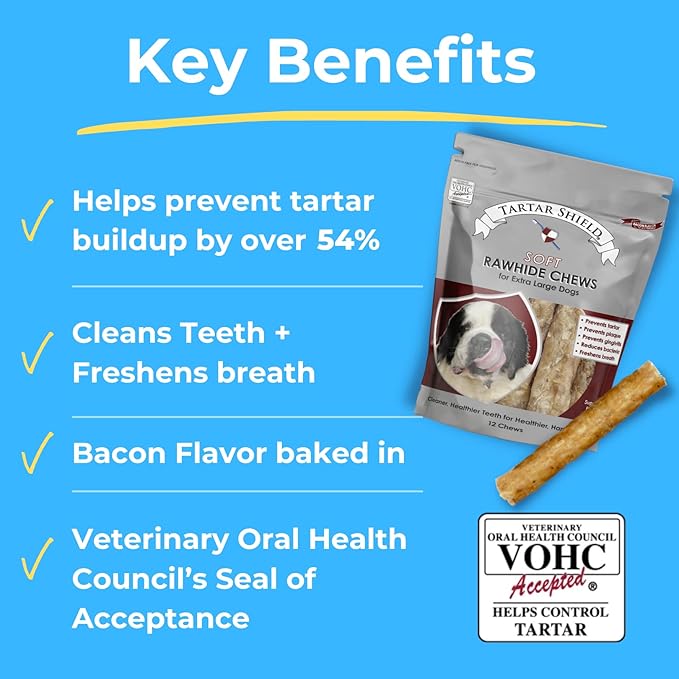 Tartar Shield Soft Rawhide Chews | Safe Dental Treats for Large Dogs | Vet VOHC Approved | Daily Bone Cleans Teeth & Gums Fresh Breath Oral Health Support | USA Made | (XL Dogs / 12 Count)-Mewly Pet