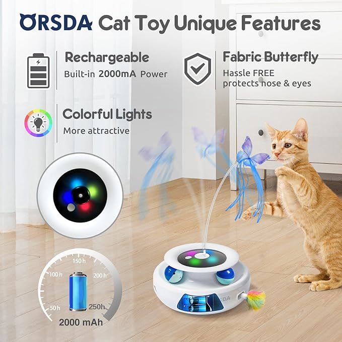 ORSDA Cat Toy, 3-in-1 Automatic Interactive Electronic Moving Ambush Feather, Fluttering Butterfly, Track Balls, USB Rechargeable Powered Smart Indoor Exercise Kicker-Mewly Pet