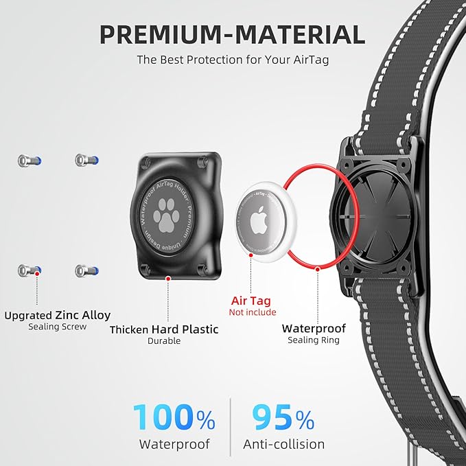 Airtag Dog Collar - 100% Waterproof Air tag Dog Collar Holder for Apple AirTag, Reflective, Soft Padded, Everlasting, GPS Dog Collar for Small Medium Large Dogs (Black, M)-Mewly Pet