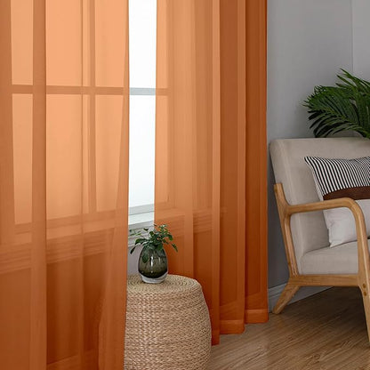 Aiyufeng Orange Sheer Curtains 90 Inches Long 2 Panels Set, Light Filtering Soft Airy Voile Rod Pocket Orange Sheer Window Drapes for Bedroom Living Room, Each 42Wx90L Inches