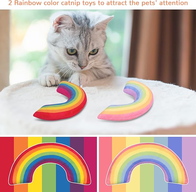 Cat Toys Rainbow Pillows, Catnip Toys for Indoor Cats Kitten, Soft and Durable, Interactive Cat Nip Chew Teeth Toy Kitty Kicker Toys 2 Pack-Mewly Pet