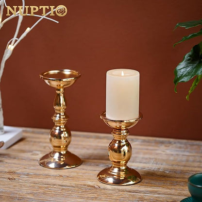 2 Pcs Gold Pillar Candle Holders, Gold Candlestick Most Ideal for 3" Pillar Candles, Gifts for Wedding, Party, Home, Spa, Reiki, Votive Candle (S + L)