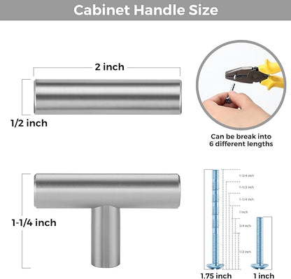 30 Pack Brushed Nickel Cabinet Knobs - Kitchen Silver Pulls for Drawer Stainless Steel Dresser Hardware 2in Length Single Hole T Bar, RDT50LS30
