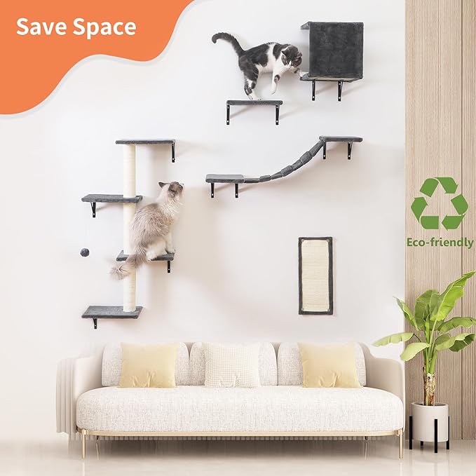 Modern Wall-Mounted Cat Furniture - 5pcs Cat Wall Shelves, Wooden Climber Includes House, Bridge, Tree, Steps, and Scratcher (Gray)-Mewly Pet