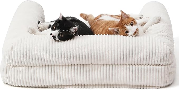 FUKUMARU Dog Couch Bed, Corduroy Cozy Cat Bed for Indoor Cats with Washable Cover, Supportive Waterproof Dog Beds Sofa for Small Dogs and Large Cats Cute, 28inch, Medium, Cream-Mewly Pet