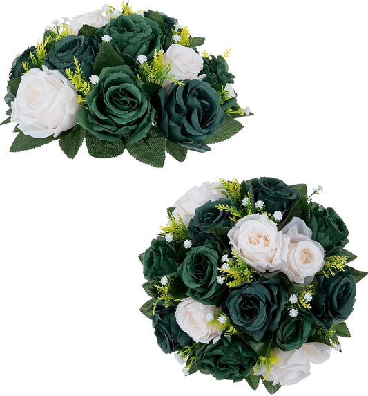 BLOSMON Green Flowers Artificial for Decoration: 2 Pcs Fake Rose Balls Centerpiece for Wedding Table - Faux Silk Kissing Bouquet Floral Arrangement for Home Party Event Decor