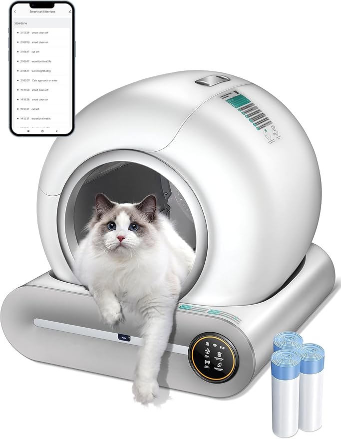 (2025) Self Cleaning Litter Box, Upgraded Robot Automatic Litter Box for Multiple Cats, 65L+9L Extra Large, Features Negative ion Sterilization and Deodorization, APP Control, 3 Rolls Litter Liners-Mewly Pet