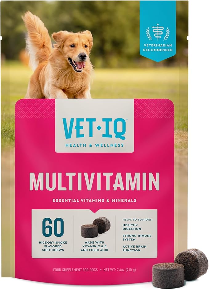 VetIQ Multivitamin Supplement for Dogs, Supports Active Brain Function, Immune System, and Digestive System, Hickory Smoke Flavored Dog Multivitamin, Made in The USA, 60 Count-Mewly Pet