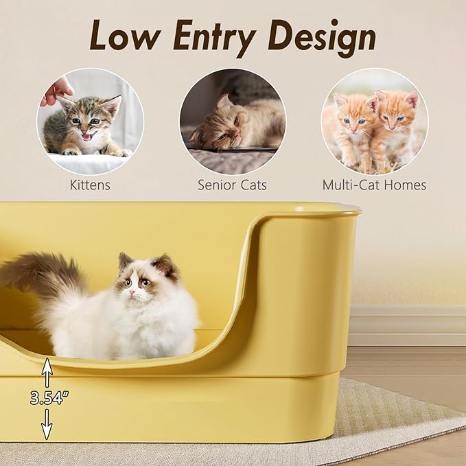 Extra Large Cat Litter Box with High Sides,23.23"×16.34"×8.46",Jumbo Kitty Litter Box with Low Entry,XL Cat Boxes for Indoor Cats,Easy to Clean,Anti-Splashing (Yellow)-Mewly Pet