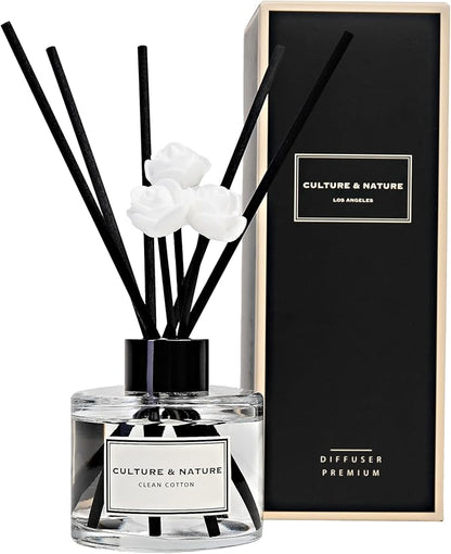 CULTURE & NATURE Reed Diffuser Set 4oz (120ml) Clean Cotton Scented Diffuser with Sticks Home Fragrance Reed Diffuser for Bathroom Shelf Decor