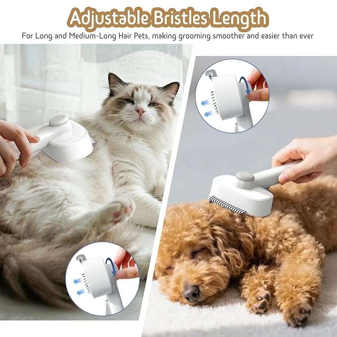 Self Cleaning Slicker Brush, 2-in-1 Cat Brush for Shedding, Skin Friendly Grooming Tool for Long & Medium-Long Hair Pets, Adjustable Bristle Length with Dematting Comb for Cats, Dogs-Mewly Pet