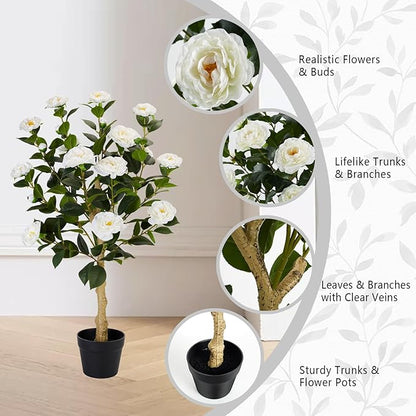 3FT Artificial Camellia Tree, 1 Pcs Fake Camellia Tree Artificial Tree, Faux Floral Plants in Cement Pot, Greenery Potted Plant for Indoor Outdoor Home Office Porch Decor (White)