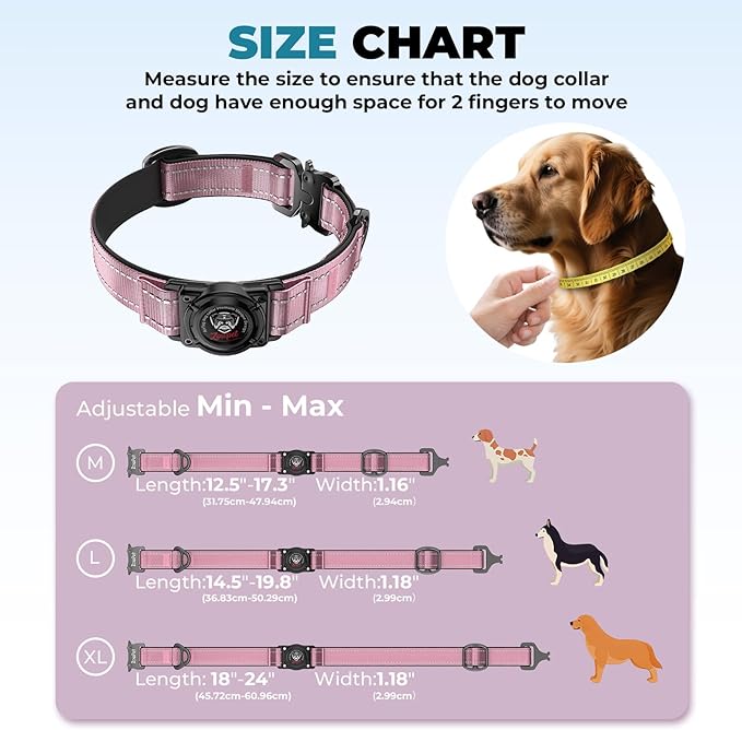 2025 Upgrade Airtag Dog Collar, Reflective Dog Collar with Airtag Holder, IP68 Waterproof| Metal Buckle| Ultra-Durable| Comfortable Padded, GPS Dog Collars for Medium Large Dogs (Pink,L)-Mewly Pet