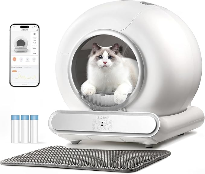 Self Cleaning Cat Litter Box, Ultra-Safe Protection Automatic Cat Litter Box, APP Control/Lower Entry/Large Capacity with 3 Rolls Liners & Mat LELOPETS-Mewly Pet
