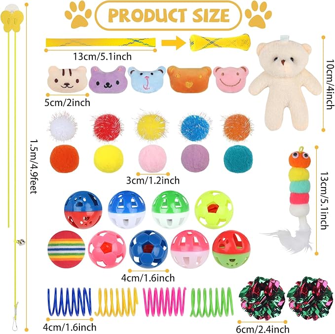 Kitten Toys - 38PCS Cat Play Set, Sparkle Balls, Plush Pom Pom Balls, Hanging Door Toy, Gift Box Styles-Mewly Pet