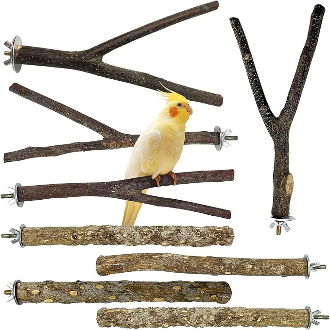 kathson 8 PCS Natural Bird Wood Perch Parakeet Standing Toy Sticks Parrot Paw Grinding Branches Cockatiels Cage Chewable Accessories for Conures Macaws Finches-Mewly Pet