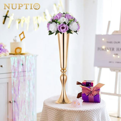 NUPTIO Flower Wedding Centrepieces for Tables - 6 Pcs 9.5in Diameter Lilac & White Artificial Flowers Rose Ball for Centerpieces Table - Fake Rose Arrangements for Weddings Birthday Party Decor