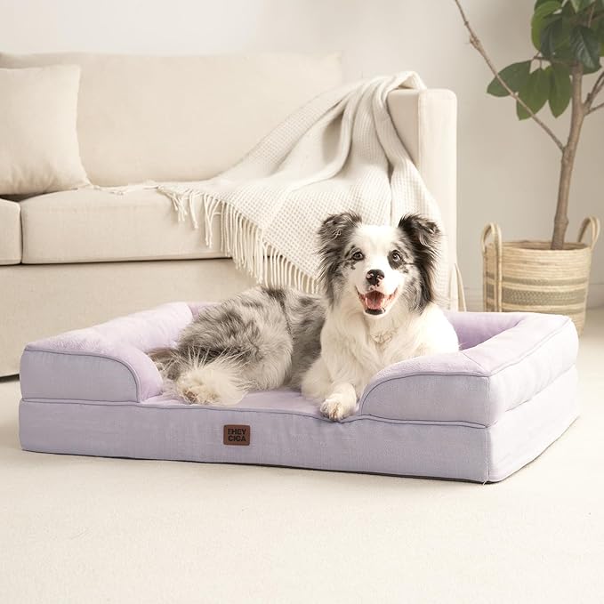 EHEYCIGA Orthopedic Dog Beds for Extra Large Dogs, Waterproof Memory Foam XXL Pet Bed with Sides, Non-Slip Bottom and Egg-Crate Foam Big Dog Couch Bed with Washable Removable Cover, Lilac-Mewly Pet