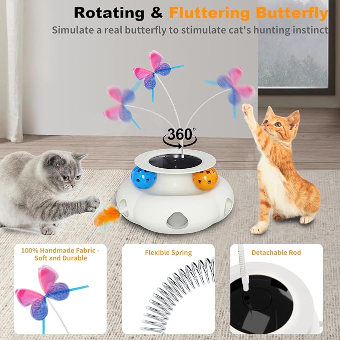 Interactive Cat Toys for Indoor Cats, 3in1 Rechargeable Pet Teaser Toy with Ambush Feather Wand, Fluttering Butterfly and Track Balls, Touch Activated Automatic Kitten Toys with Remote Control-Mewly Pet