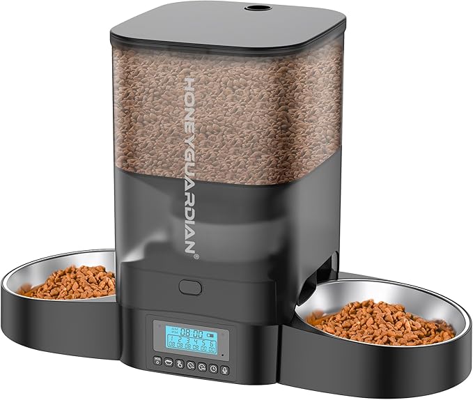 HoneyGuaridan 3.5L Automatic Cat Feeder for Two Cats, Food Dispenser with Stainless Steel Bowl,Timed Cat Feeder Programmable 1-6 Meals Control, Dual Power Supply,10s Meal Call Black-Mewly Pet