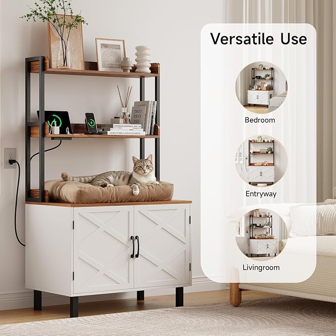 55 Inches Cat Litter Box Enclosure, Hidden Litter Box Furniture with 2 Storage Shelves and Charging Sockets, Wooden Cat House, Large Indoor Cabinet for Living Room & Entryway, White-Mewly Pet