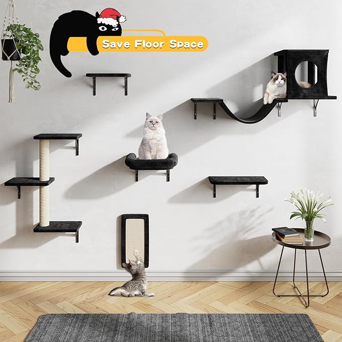 NUNU LAB Wall Mounted Cat Furniture, 6 Pcs Cat Wall Shelves with Condo House, Bridge, Steps, Scratcher, Hammock, Indoor Safe & Stable Furniture for Kittens Play, Black-Mewly Pet