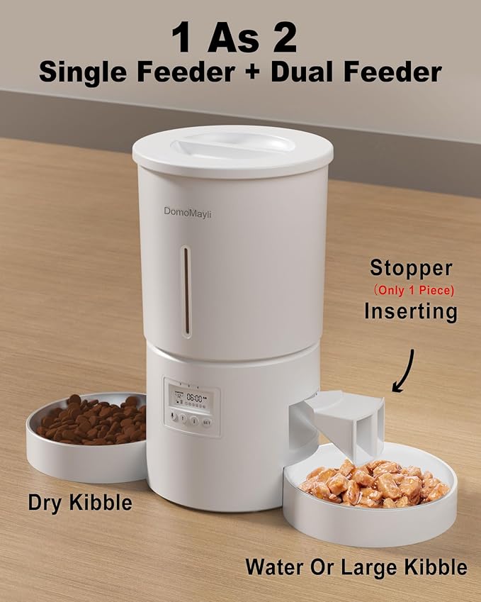 Automatic Dual Cats Feeder for 2 Cats,6 Meals/Day,12 Portions/Meal,Dual Power Auto Pet Feeder Dry Food Dispenser,Flexible Schedule Timer 10S Voice Record (White, ABS Dual Bowls)-Mewly Pet