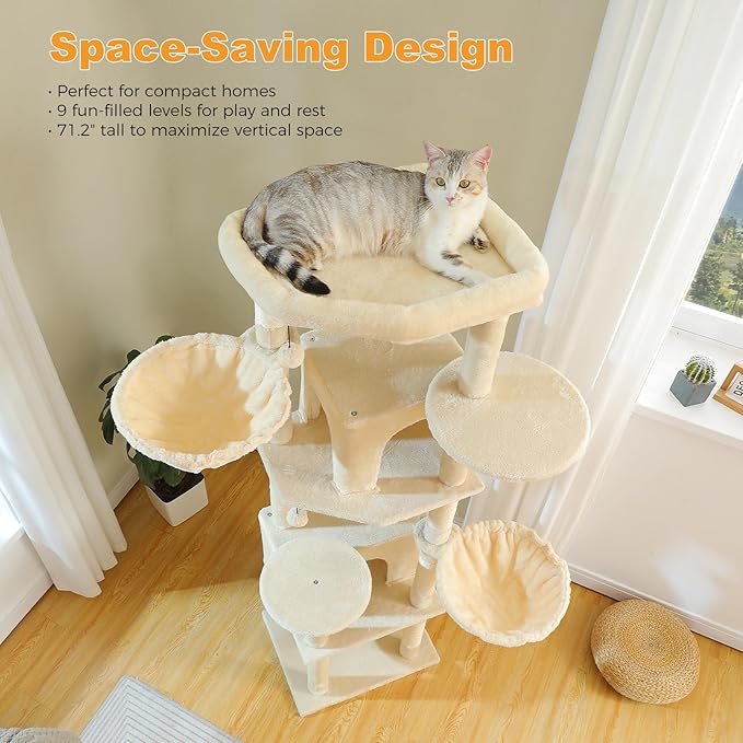 71.2" Tall Cat Tree for Indoor Cats - 9-Level Multi-Cat Tower w/5 Sisal Scratching Posts, 2 Condos, 3 Hammocks, Perch & Pom Poms - Heavy-Duty for Adult Cats, Space-Saving Plush Beige-Mewly Pet