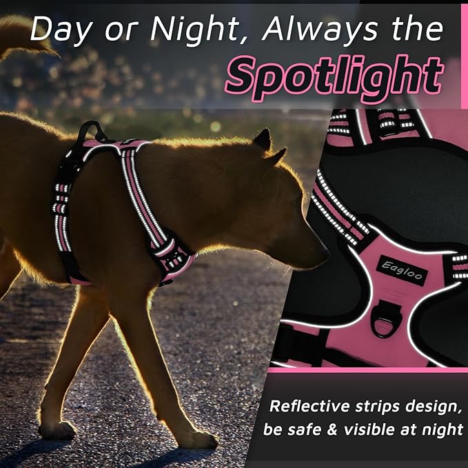 Eagloo Dog Harness Medium Sized Dog, No Pull Service Vest with Reflective Strips and Control Handle, Adjustable and Comfortable for Walking, No Choke Pet Harness with 2 Metal Rings, Pink, M-Mewly Pet