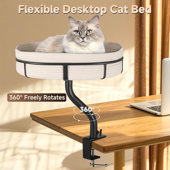 Cat Desk Bed - 360° Rotating Mount Attachment - Space-Saving Cats Hammock for Home Office/Computer Desks, Washable All-Season Indoor Pet Nest - Comfortable Perch-Mewly Pet
