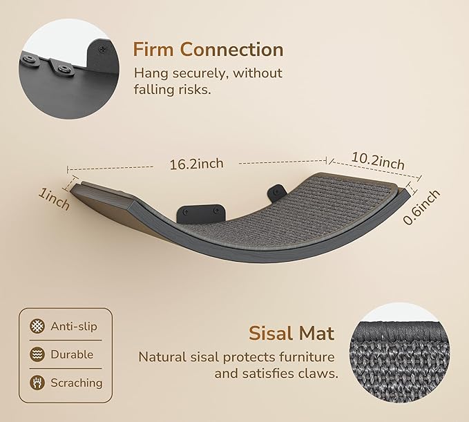 Wall Mounted Curved Cat Hammock with Grey Sisal Pad – Scratch-Friendly Cat Nest Perch for Wall – Large Floating Bed for Indoor Cats-Mewly Pet