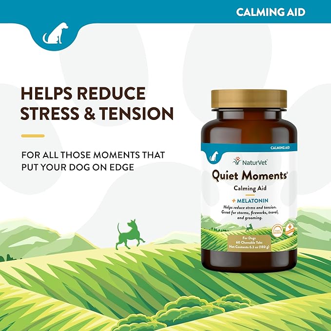 NaturVet Quiet Moments Calming Aid Dog Supplement, Helps Promote Relaxation, Reduce Stress, Storm Anxiety, Motion Sickness for Dogs (Quiet Moments Melatonin, 60 Soft Chews)-Mewly Pet