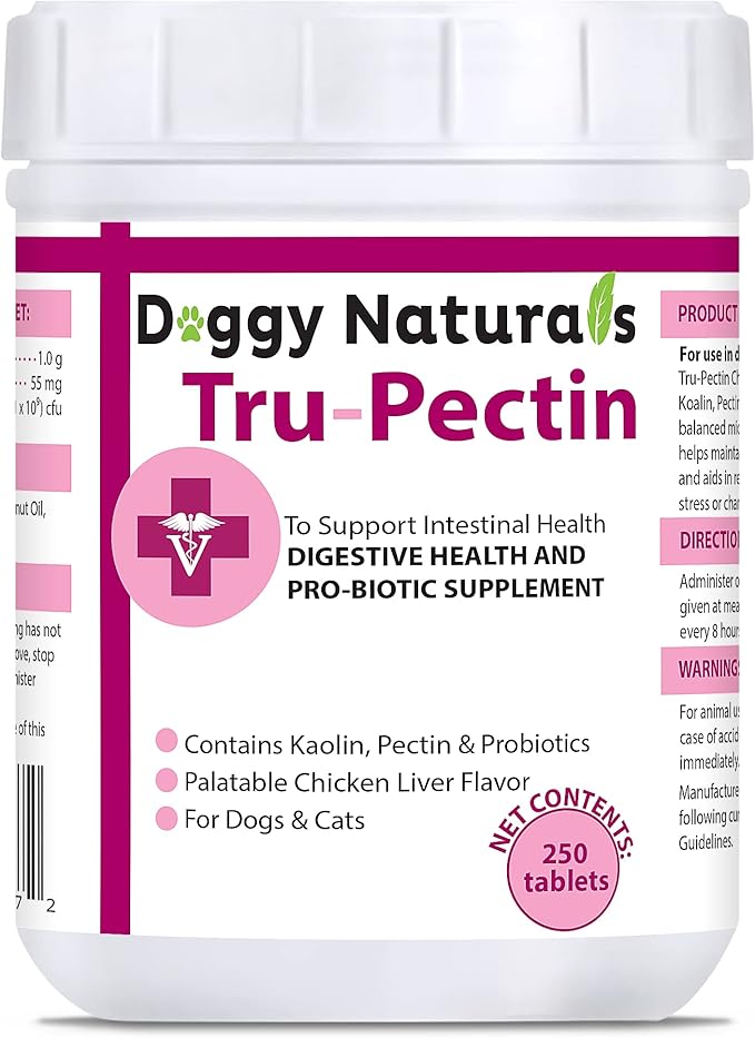 Tru-Pectin Anti-Diarrheal for Dogs & Cats, 250 Tablets– Chicken Liver Flavor –Helps Reduce Occasional Loose Stool & Diarrhea, Balance Gut pH, Support Normal Digestion & Gut Flora -Made in USA-Mewly Pet